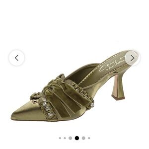 Circus by Sam Edelman Olive Green Satin Pointed Toe Mules with Rhinestones
